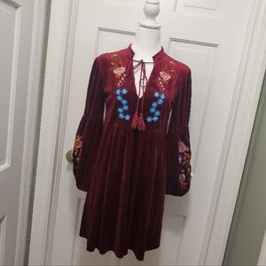 NWT Aofur Burgundy Embroidered Floral Print Bohemian Mini Dress Small